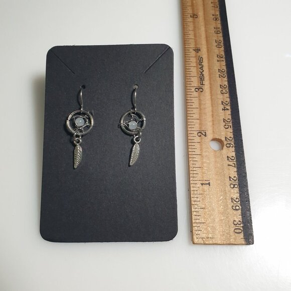 Dreamcatcher Style Drop Earrings Feather Charm Silver Tone Lightweight Design - Picture 3 of 4
